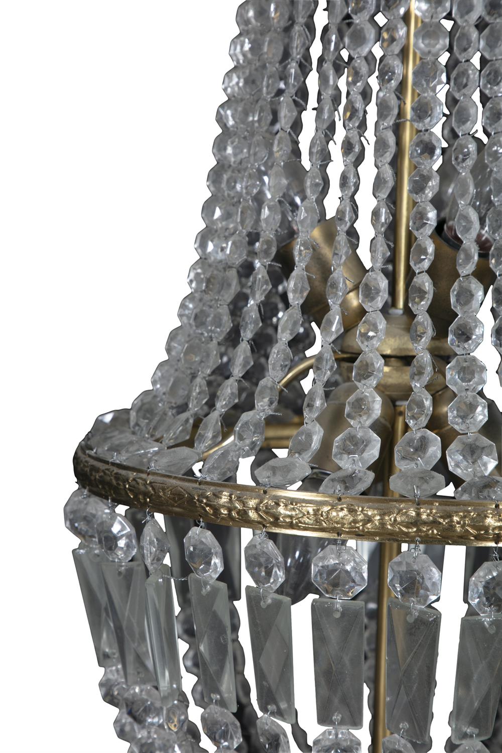 A BRASS AND CUT GLASS BASKET CHANDELIER the brass corona, hung with rows of cut glass beads to - Image 2 of 2