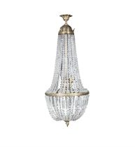 A BRASS AND CUT GLASS BASKET CHANDELIER the brass corona, hung with rows of cut glass beads to