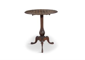 A VICTORIAN INLAID MAHOGANY CIRCULAR OCCASIONAL TABLE with chequerboard top, on a fluted bulbous