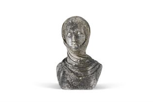 A STONE BUST OF A SHAWLED FEMALE FIGURE, possibly Portland stone. 46cm high