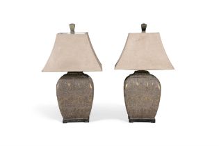 A PAIR OF CONTEMPORARY TABLE LAMPS, of bulbous tapered form, the body with wirework bands of