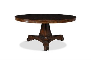 A LARGE WILLIAM IV ROSEWOOD BREAKFAST TABLE. of circular form on triform tapering centre pillar