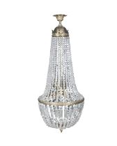 A BRASS AND CUT GLASS BASKET CHANDELIER the brass corona, hung with rows of cut glass beads to