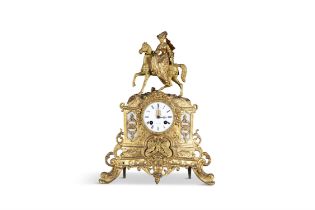 A GILT METAL FRENCH MANTEL CLOCK surmounted by a horse and female rider, above a circular enamel