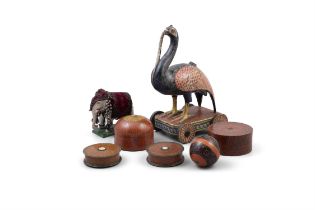 A COLLECTION OF 19TH CENTURY INDIAN PAINTED AND CARVED ANIMALS AND CIRCULAR BOXES etc.
