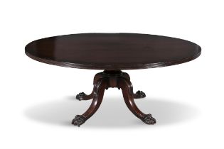 A GEORGE IV MAHOGANY AND CROSSBANDED CIRCULAR BREAKFAST TABLE, the solid top with reeded edge,