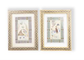 * A PAIR OF MIDDLE EASTERN IVORY MICRO MOSAIC FRAMED PAINTED PANELS one depicting a figure on