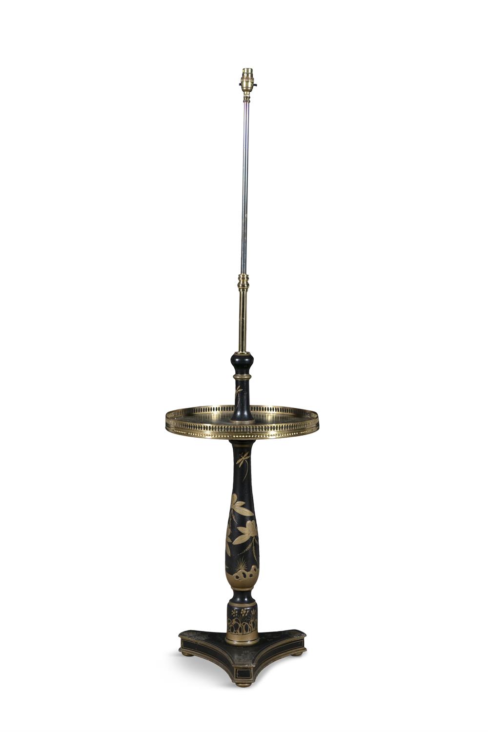 A BLACK AND GILT CHINOISERIE DECORATED STANDARD LAMP, with brass tubular stem,