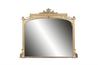 A LARGE GILTWOOD AND GESSO OVERMANTLE MIRROR, C.1880 of arched rectangular shape,