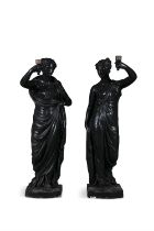 A PAIR OF LARGE PAINTED PLASTER FIGURES, AFTER CLODION, modelled as classical female figures in