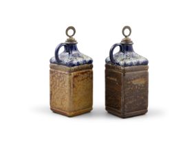 A PAIR OF DOULTON LAMBETH GLAZED POTTERY SQUARE SPIRIT DECANTERS with metal ring stoppers