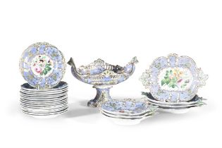 AN ENGLISH CHINA DESSERT SERVICE, decorated with floral reserves within pale blue and gilt