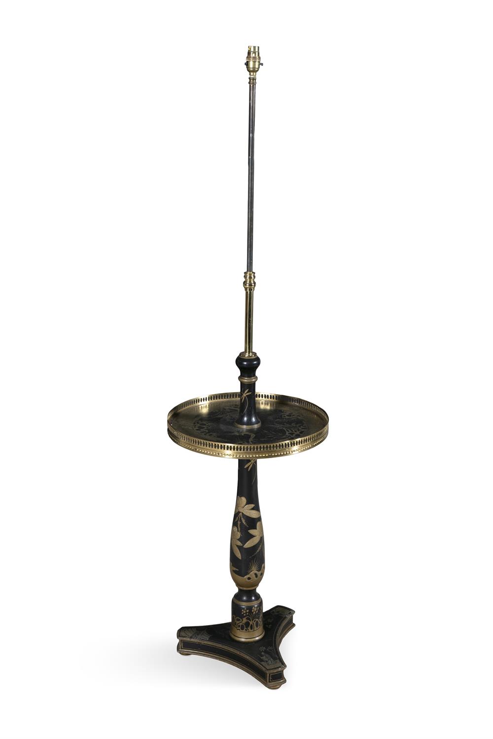 A BLACK AND GILT CHINOISERIE DECORATED STANDARD LAMP, with brass tubular stem, - Image 2 of 3