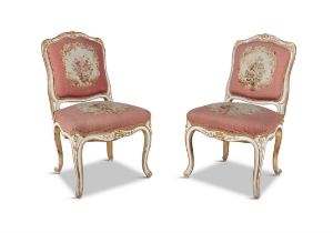 A PAIR 19TH CENTURY LOUIS SEIZE STYLE GILTWOOD FRAMED SIDE CHAIRS, the shaped rectangular panel