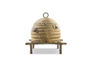 A 19TH CENTURY GILT METAL 'BEE SKEP' JEWELLERY SEWING BOX, of naturalistic form,