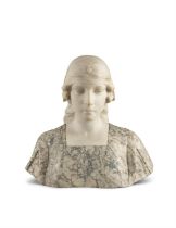 AN ITALIAN 19TH CENTURY WHITE STATUARY MARBLE AND MOTTLED GREY MARBLE BUST OF A YOUNG WOMAN,