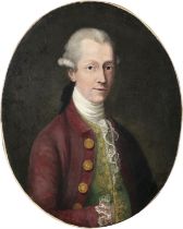 18TH CENTURY SCHOOL Portrait of a gentleman wearing a red jacket and green waistcoat Oval,