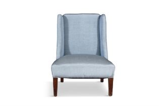 A MAHOGANY FRAMED EASY CHAIR, upholstered in light blue fabric