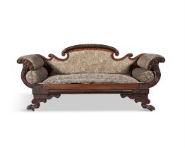 A WILLIAM IV MAHOGANY SCROLL END SETTEE, the domed back and padded seat upholstered in floral