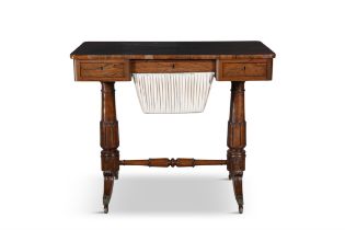 A VICTORIAN ROSEWOOD WORK TABLE, C.1850 of rectangular form, with figured top and twin drawer