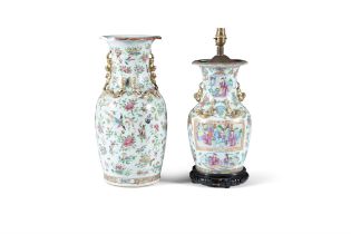 A CANTONESE FAMILLE ROSE PORCELAIN VASE, with figural decoration, fitted as a table lamp;