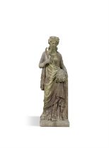 A CARVED LIMESTONE ALLEGORY OF HARVEST, 20TH CENTURY depicted in classical draped robes,