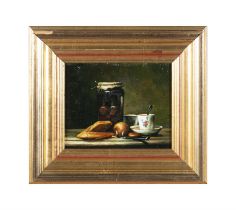 COOKS (20TH / 21ST CENTURY) Still life of a jar of cherries, cup and saucer, bread and fruit Oil