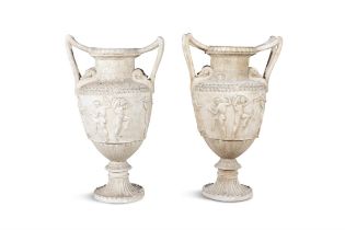 A PAIR OF LARGE COMPOSITE ‘GRECIAN’ URNS, OF CLASSICAL DESIGN, With raised angular handles,