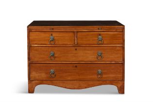 A GEORGE III FADED MAHOGANY CHEST OF DRAWERS, the cross banded top with dressing/brush slide