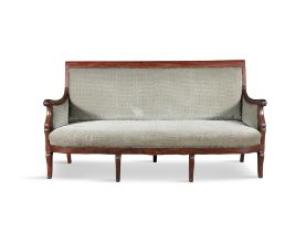 A FRENCH RESTORATION MAHOGANY AND UPHOLSTERED SETTEE, 19TH CENTURY with scroll back top rail,