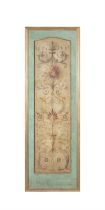 A 19TH CENTURY PAINTED LEATHER PANEL with floral and scrollwork decoration. 161 X 42cm