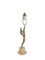 A CAST BRONZED METAL COLUMN TABLE LAMP, with foliate decoration raised on circular weighted