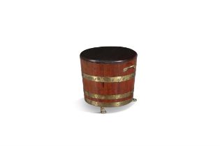 A MAHOGANY AND BRASS BANDED FUEL BUCKET, of cylindrical form, with lid, twin brass carrying