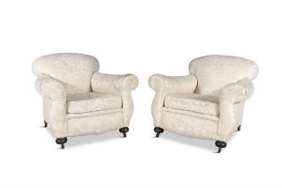 A PAIR OF HOWARD STYLE CHAIRS upholstered in cream damask. 87cm high Provenance: Cannon's Pub.