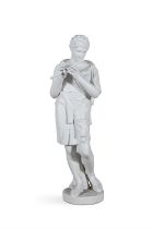 A WHITE PAINTED PLASTER FIGURE OF A ROMAN PIPER, modelled standing and wearing classical garb,