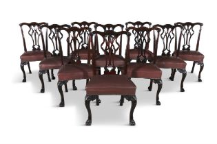 A SET OF TEN GEORGE III MAHOGANY FRAMED DINING CHAIRS each openwork back with interlaced splat