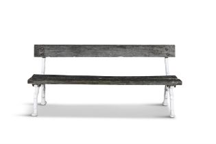 A 19TH CENTURY WHITE PAINTED CAST IRON FRAMED GARDEN BENCH, the stained timber seat and back