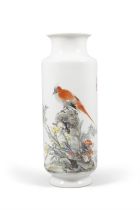 A QIANJIANCAI ENAMELLED MAILLET VASE, DECORATED WITH BIRD ON THE ROCK, SIGNED LIU YU CENG,