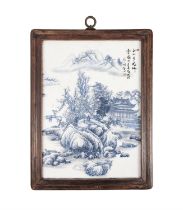 A SET OF FOUR FRAMED BLUE AND WHITE ‘LANDSCAPE’ PANELS 二十世紀下半葉 青花『山水』瓷板一组四件 China,