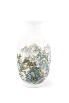 A FAMILLE ROSE STYLE LANDSCAPE BALUSTER VASE, MARKED WANG XIAO TING 20世紀 『汪小亭』款 粉彩山水紋瓶 China,