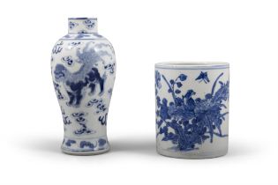 TWO CHINESE BLUE AND WHITE PORCELAINS, CONSISTING OF A SMALL VASE WITH LIONS AND A BRUSH POT WITH