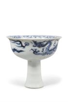A BLUE AND WHITE ‘DRAGON’ STEM CUP 20世紀 仿元青花龍紋高足杯 China, 20th century D: 11.2cm