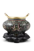 A GILT BRONZE ENAMEL CLOISONNE BLACK GROUND ‘LOTUS’ INCENSE BURNER WITH A WOODEN STAND 民國