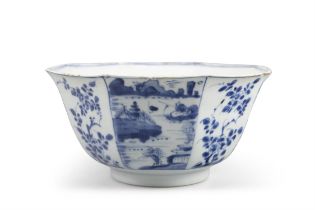 A BLUE AND WHITE ‘FLOWERS AND LANDSCAPE’ HEXAGONAL BOWL 18世紀 青花花卉山水紋八邊碗 China,