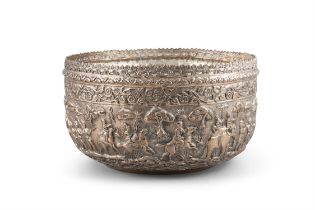 A BURMESE TINNED-COPPER REPOUSSÉ BOWL WITH A SCENE OF EMPEROR'S INSPECTION TOUR Burma,