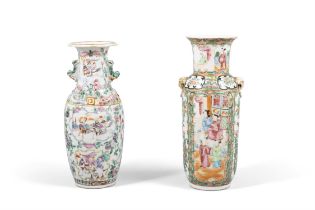 TWO CANTON FAMILLE ROSE BALUSTER VASES WITH FIGURES 晚清 廣彩瓷瓶兩件 China, late Qing dynasty H: