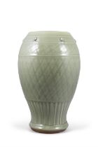 A LONGQUAN GLAZE 'FISH BASKET' SHAPE ZUN VASE, DECORATED WITH EVENLY BOSSES ON THE TOP 19-20世紀