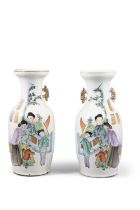 A PAIR OF FAMILLE ROSE ‘MOTHERS AND SONS’ BALUSTER VASES 民國 粉彩人物故事瓶一對 China,