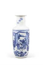 A BLUE AND WHITE ROULEAU VASE WITH ‘FOUR ARTS’ DECORATION, MARKED KANGXI 20世紀 康熙款