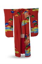 A CEREMONIAL KIMONO, UCHIKAKE WITH A HEAVILY-PADDED TRAILING HEM DECORATED WITH NORIMONO AND